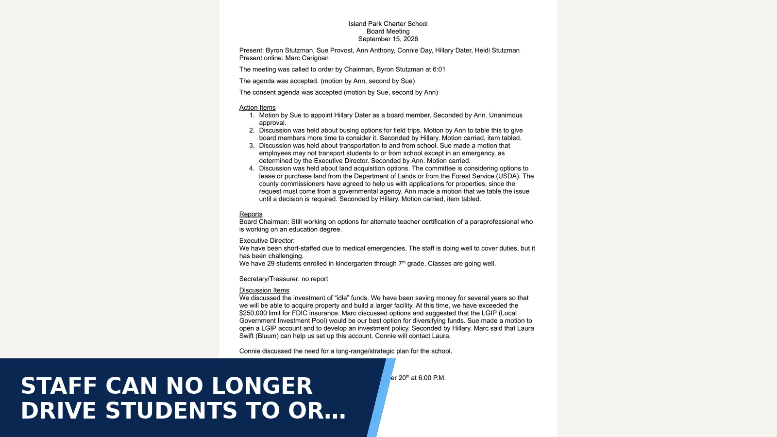 Excerpt from Board meeting minutes 2026-09: September 2026 for Staff can no longer drive students to or from school
