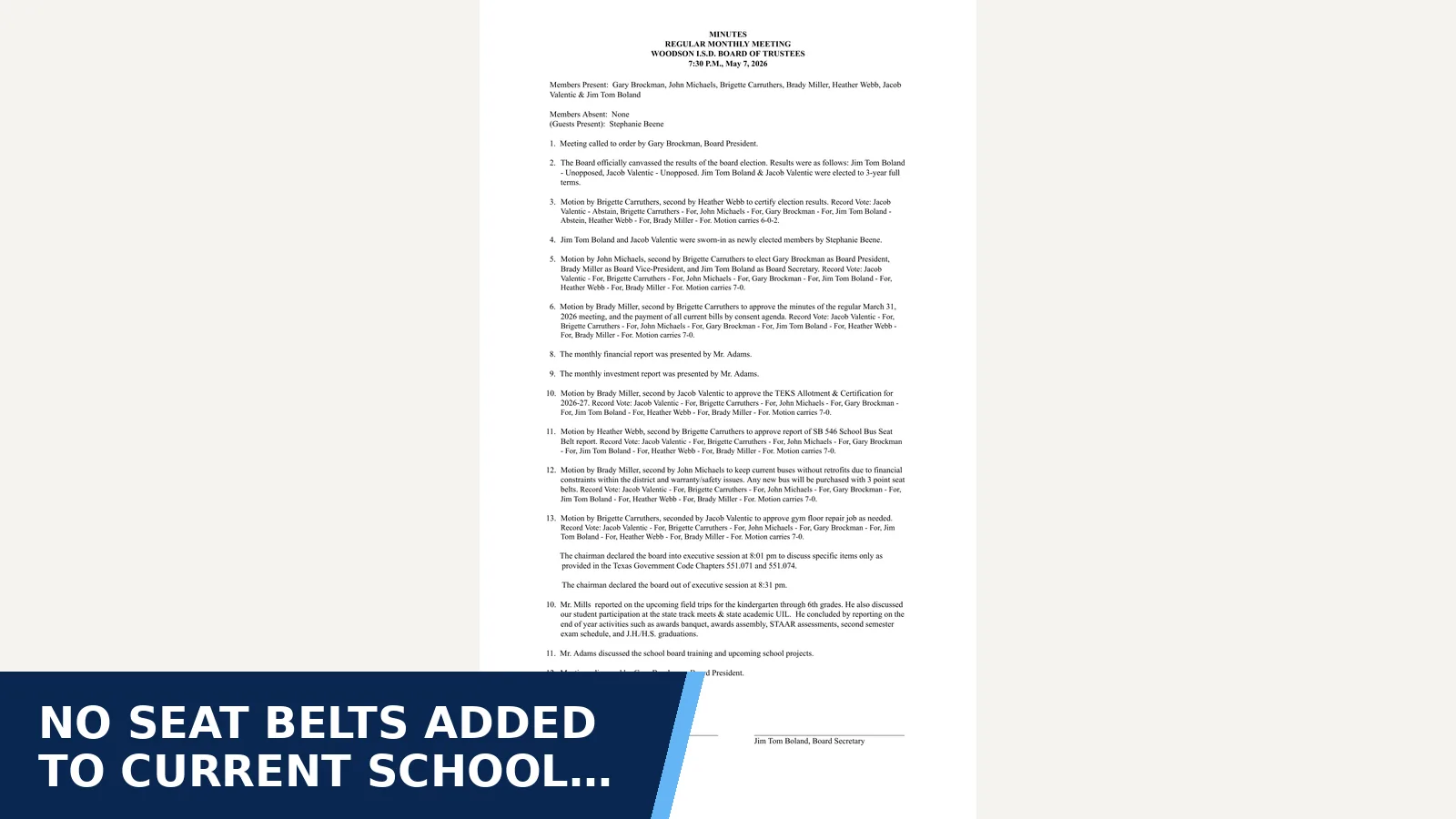 Excerpt from Woodson ISD Board of Trustees - Board Minutes (5-7-26) for No seat belts added to current school buses