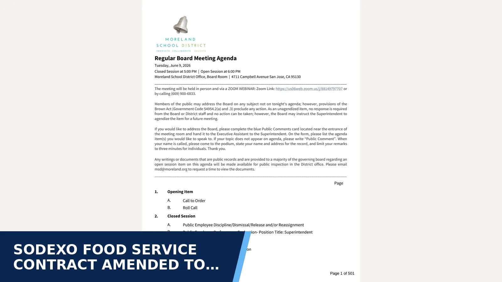 Excerpt from Regular Board Meeting - Jun 09 2026 full agenda package for Sodexo Food Service Contract Amended to Raise Meal…