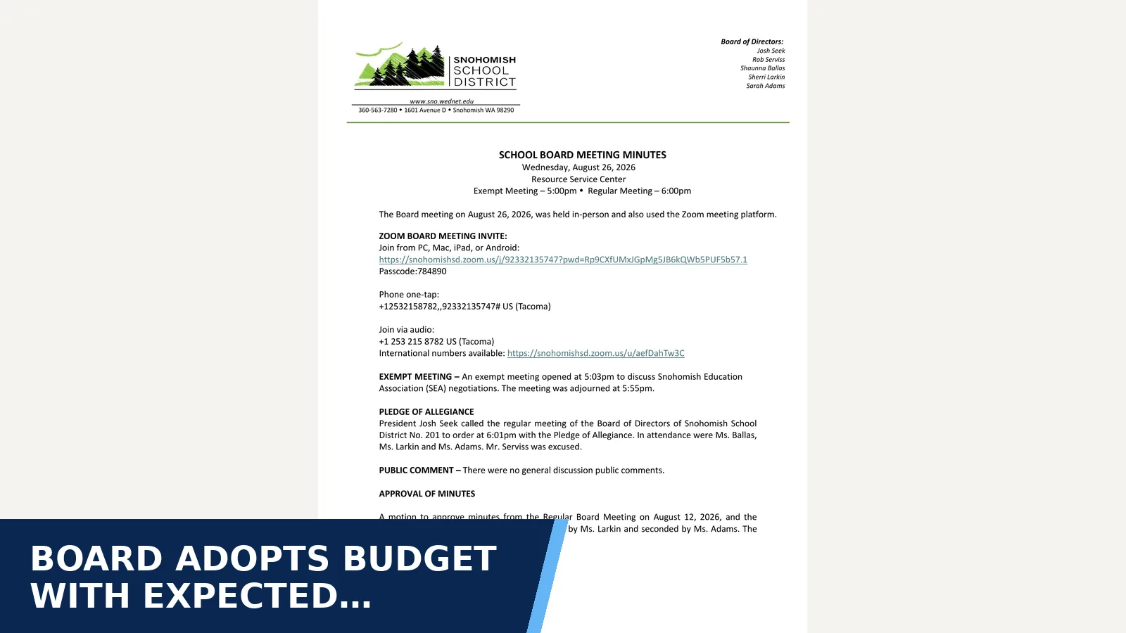 Excerpt from 8.26.26 Meeting Minutes for Board adopts budget with expected $236,008 deficit