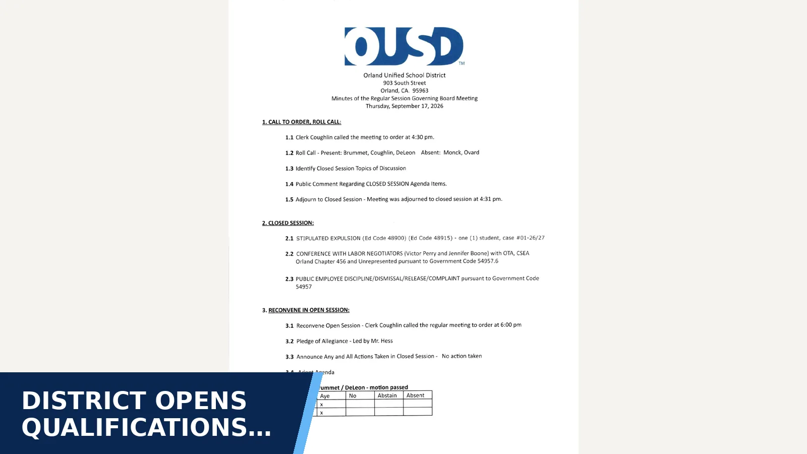 Excerpt from Regular governing board meeting — 2026-09-17 (minutes) for District opens qualifications process for a…