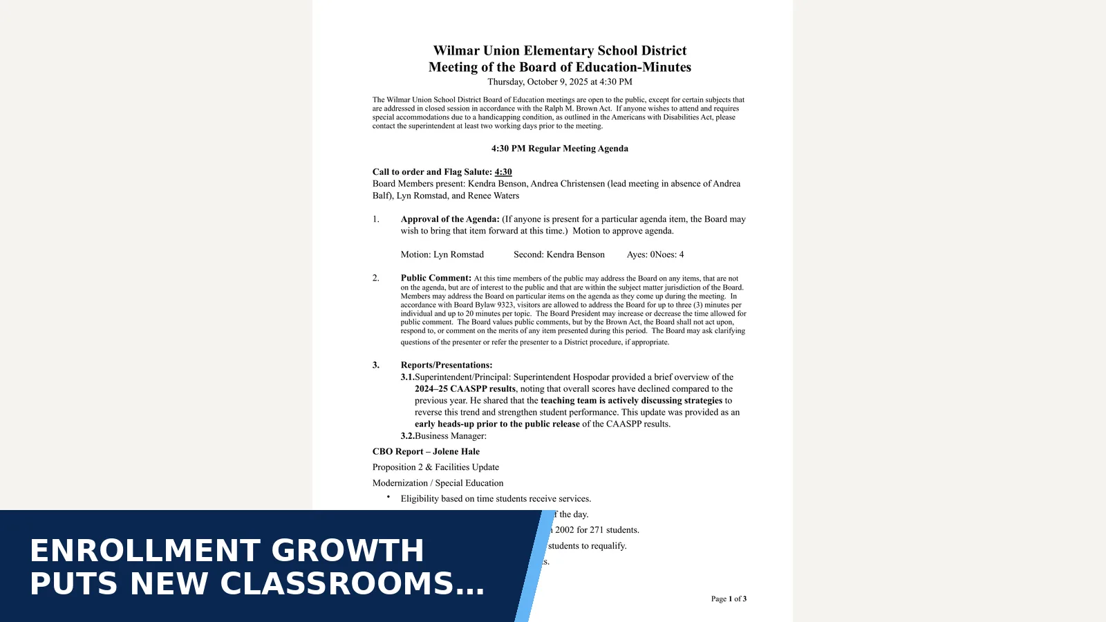 Excerpt from Wilmar Board of Education Minutes for October 9, 2025 for Enrollment growth puts new classrooms and an MPR…