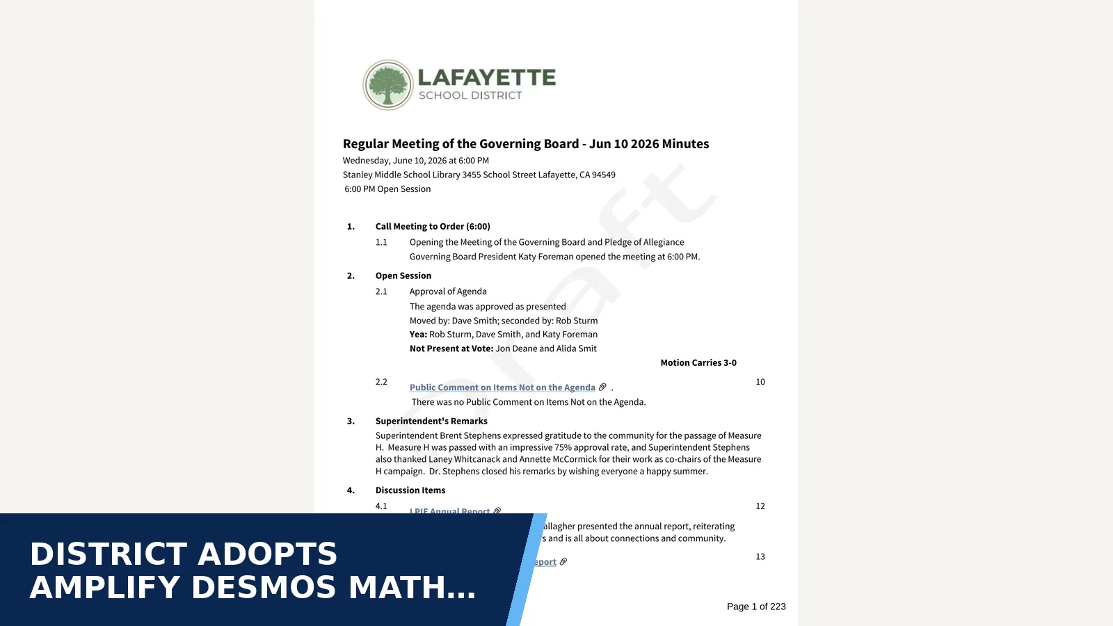 Excerpt from Regular Meeting of the Governing Board - Jun 10 2026 — approved minutes for District adopts Amplify Desmos math from…