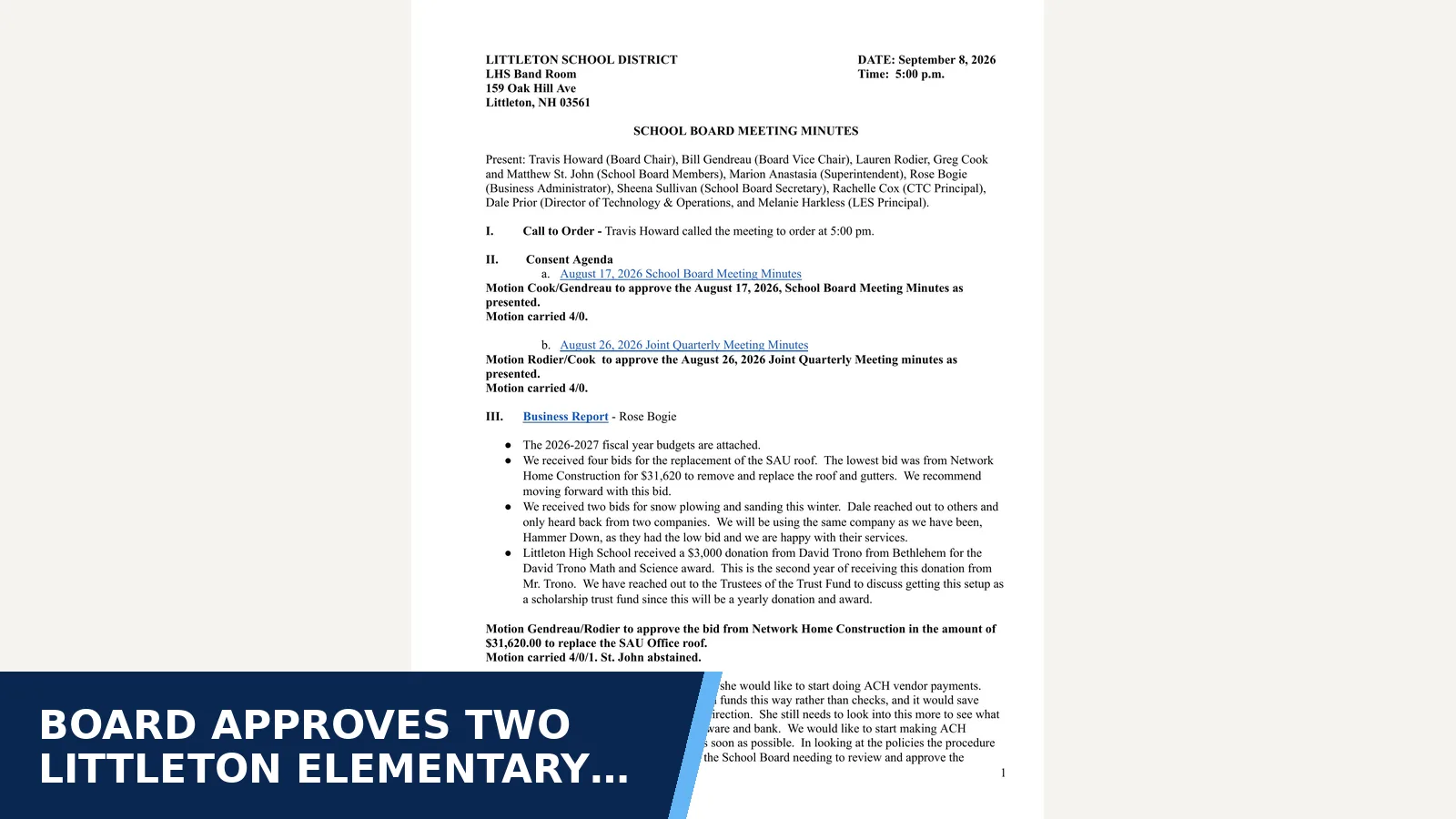 Excerpt from Littleton School Board minutes - 2026-09-08 for Board approves two Littleton Elementary assistant…