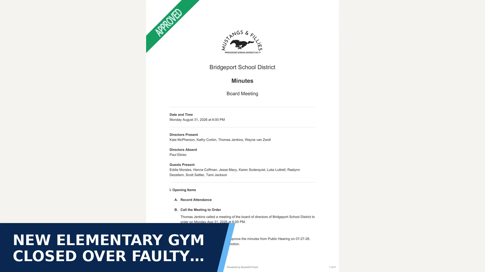 Excerpt from Bridgeport School District Board Meeting - minutes (2026-08-31) for New elementary gym closed over faulty floor