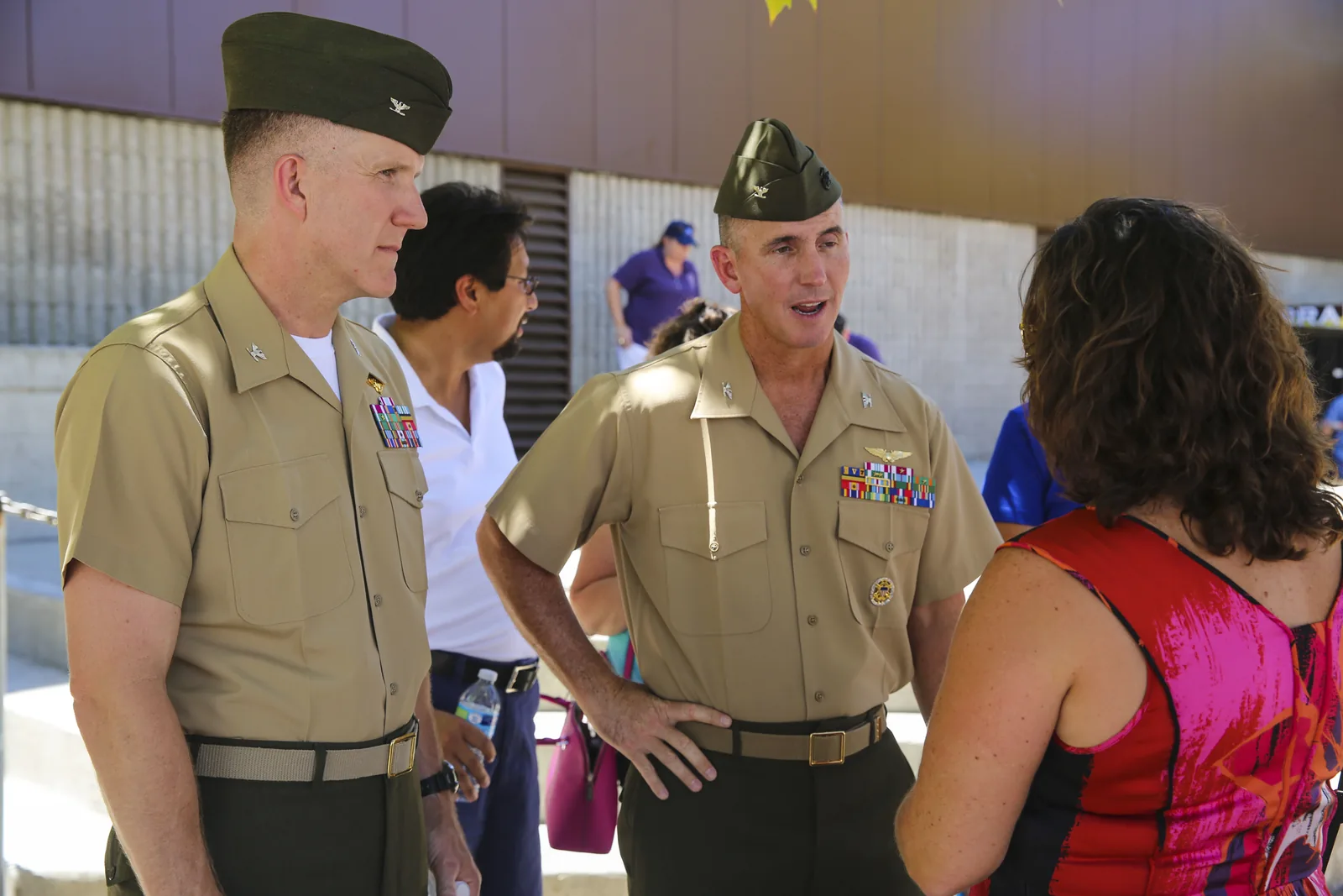 Col. John Farnam, commanding officer of Marine Corps Air Station Miramar, California, and Col. Jason Woodworth, oncoming commanding officer of MCAS Miramar, attend the Military Family Enrollment and Appreciation Fair hosted by the San Diego Unified School District at Serra High School, Aug. 15. The fair offered military families an opportunity to enroll their children in school while enjoying games, prizes and a complimentary lunch.
Unit: Marine Corps Air Station Miramar / 3rd Marine Aircraft Wi
