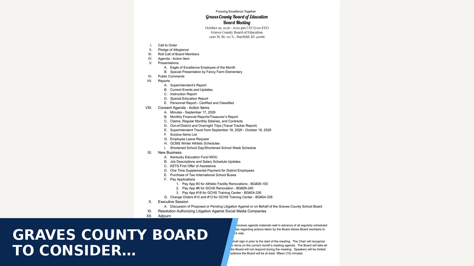 Excerpt from Graves County Board Monthly Meeting agenda for Graves County board to consider authorizing…