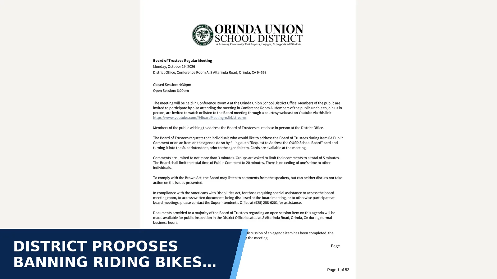Excerpt from Board of Trustees Regular Meeting - October 19, 2026 for District proposes banning riding bikes and…