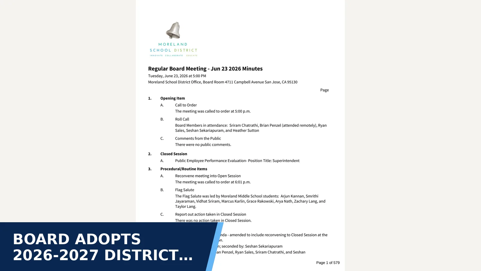 Excerpt from Regular Board Meeting - Jun 23 2026 full minutes package for Board Adopts 2026-2027 District Budget