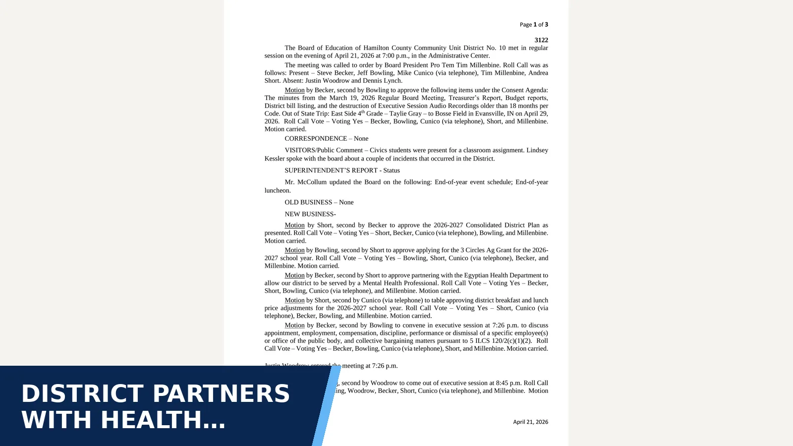 Excerpt from Hamilton County CUSD 10 board - A03 - 4.21.26 Minutes for District partners with health department for a…