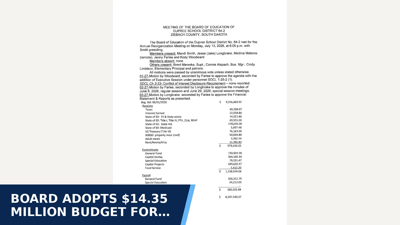 Excerpt from Board minutes: Annual Reorganizational Meeting - July 13, 2026 for Board adopts $14.35 million budget for 2026-27