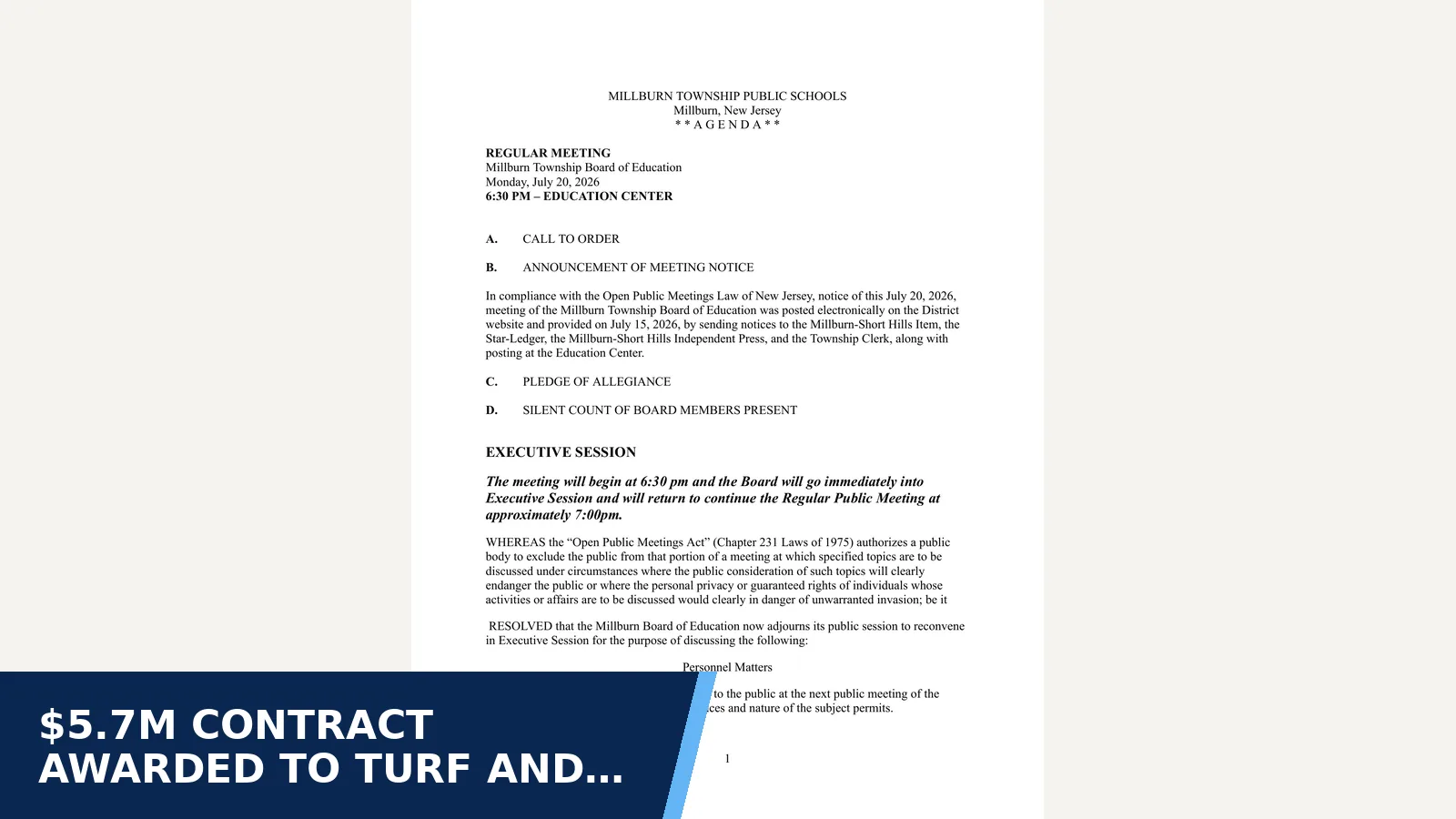Excerpt from 2026-07-20_BOE Agenda for $5.7M contract awarded to turf and light Millburn…