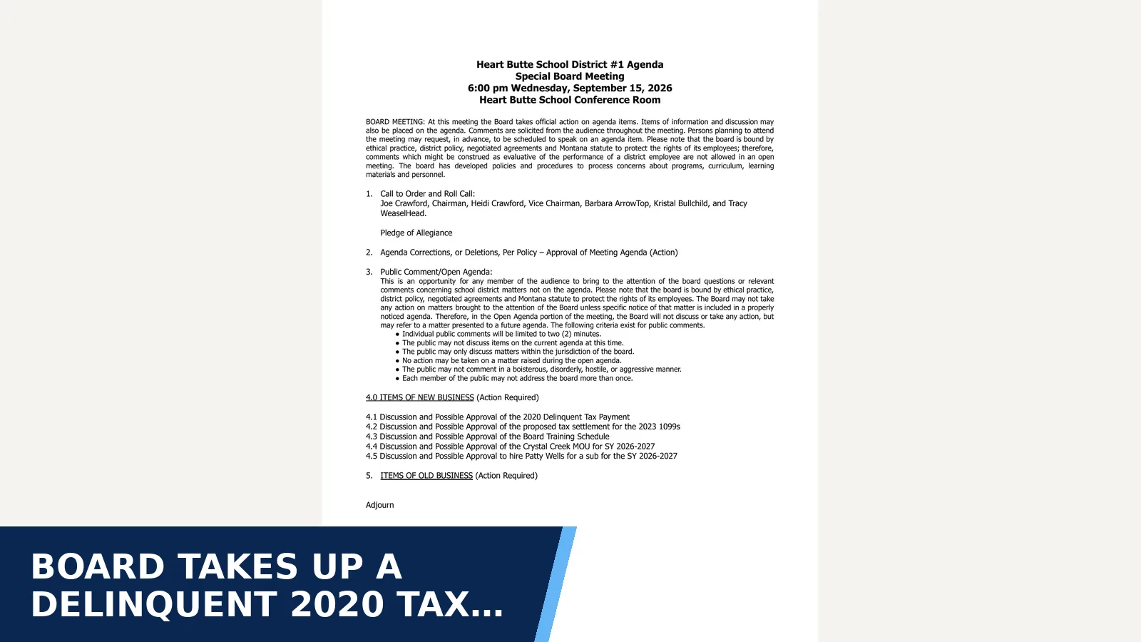 Excerpt from Special Board Meeting 09/15/26 for Board takes up a delinquent 2020 tax payment and a…