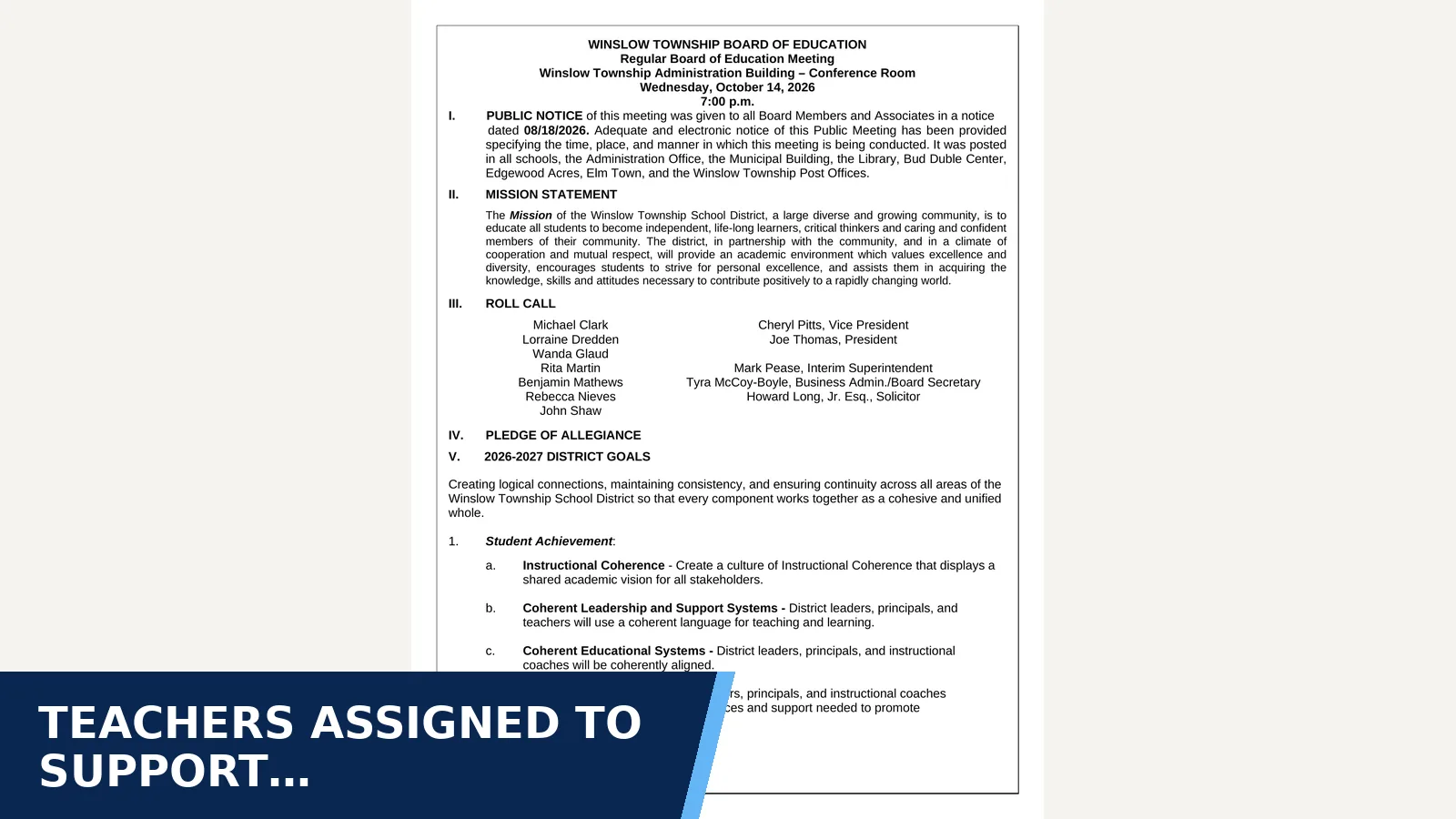 Excerpt from October 14, 2026 - Regular Meeting for Teachers assigned to support implementation of a…