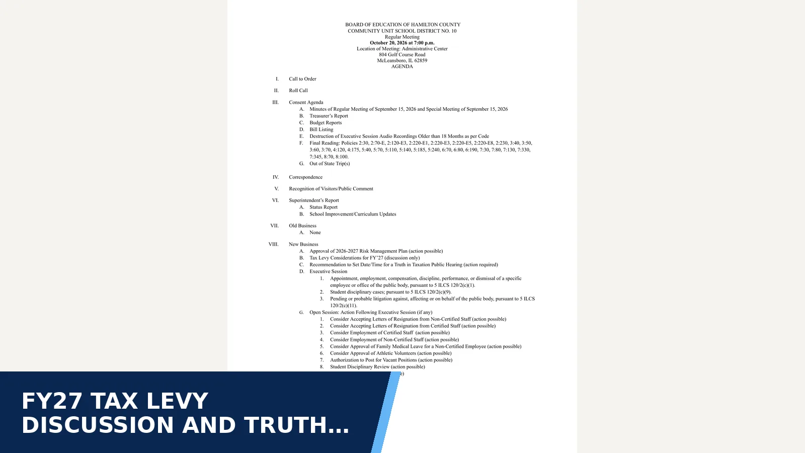 Excerpt from Hamilton County CUSD 10 board - 10.20.26 Agenda for FY27 tax levy discussion and Truth in Taxation…