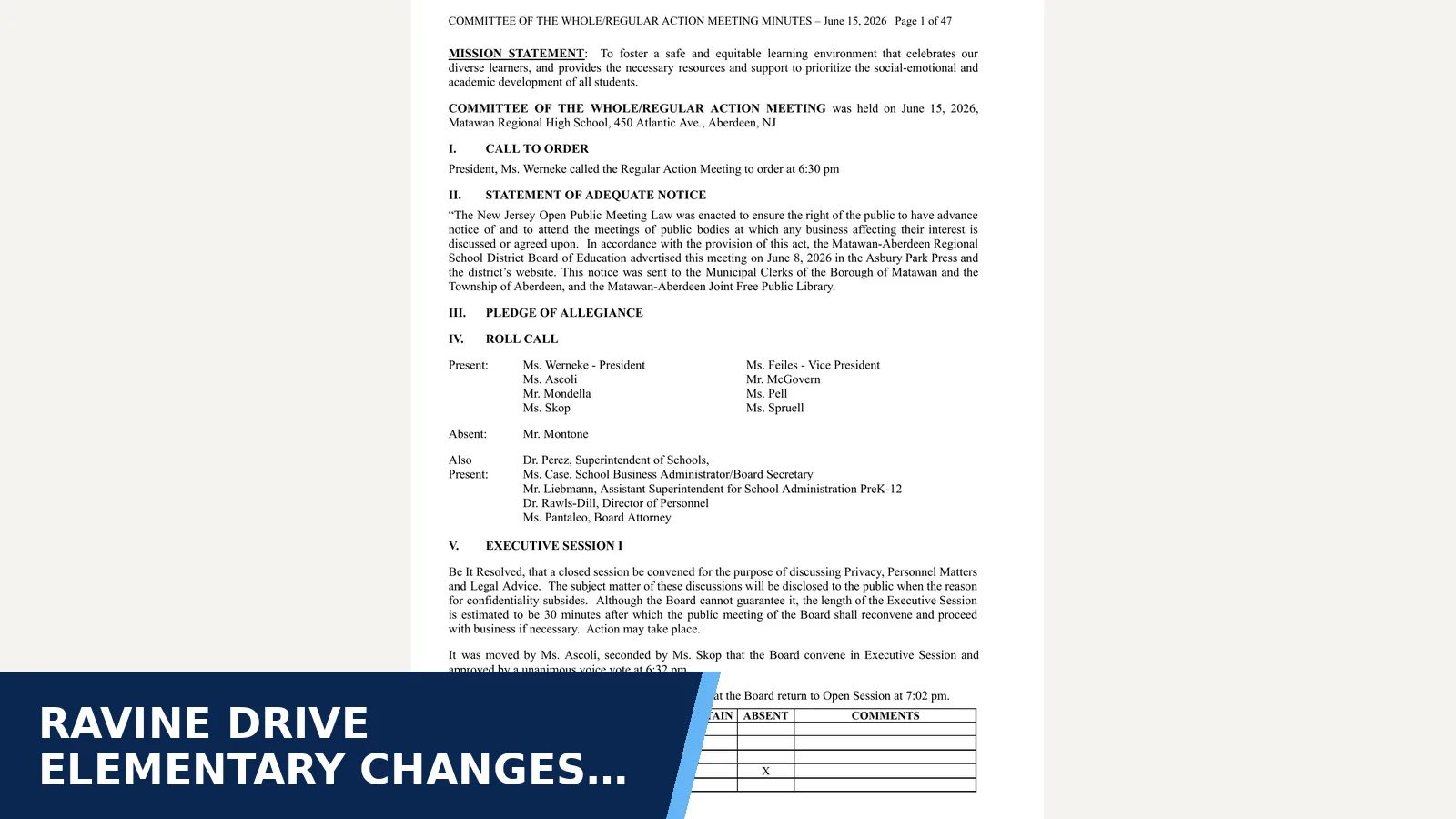 Excerpt from  Committee of the Whole/Regular Action Meeting Minutes, June 15, 2026 for Ravine Drive Elementary changes principal after a…