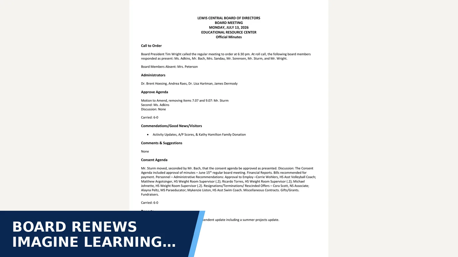 Excerpt from 2026-07-13 Board meeting minutes for Board renews Imagine Learning math curriculum