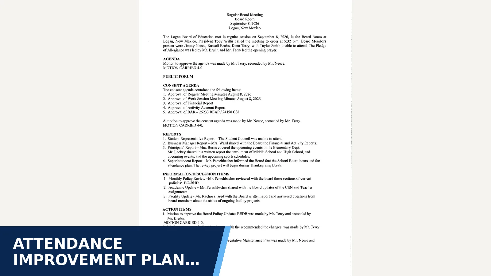 Excerpt from Board of Education - Minutes from September Board Meeting September 8, 2026 for Attendance improvement plan approved