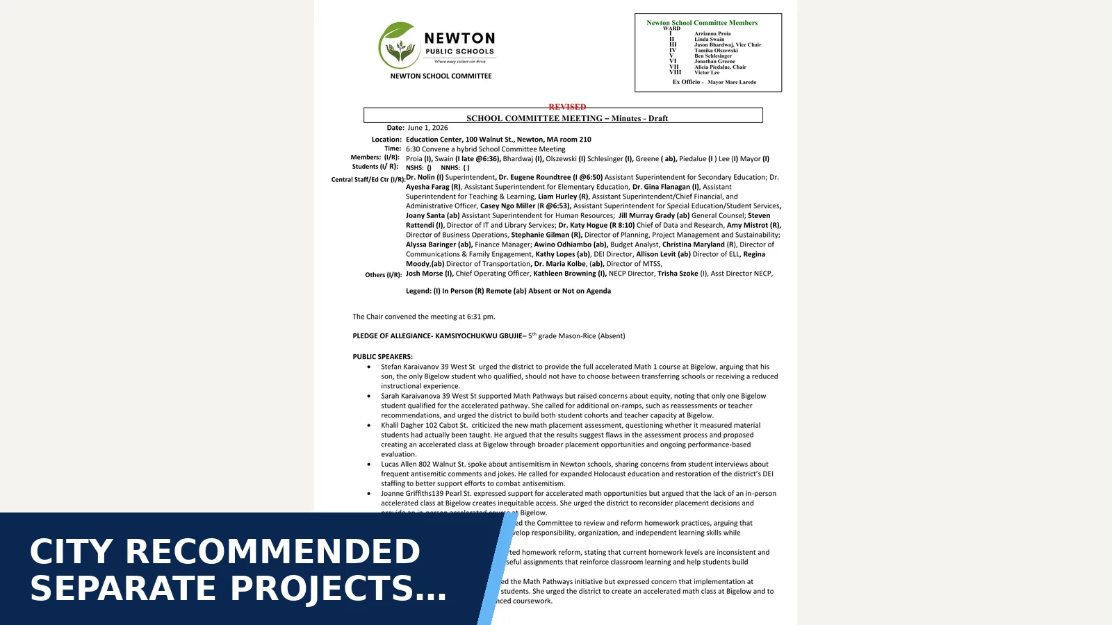 Excerpt from Newton School Committee Meeting, June 1, 2026 — 6-1-26 Regular School Committee Meeting- Minutes - Draft - REVISED.pdf for City recommended separate projects for Ward and…