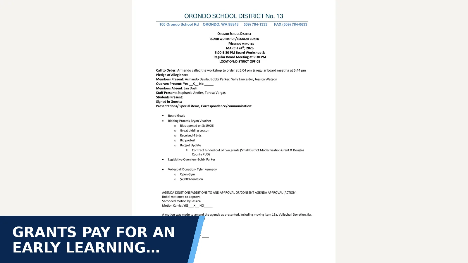 Excerpt from Board meeting minutes Board Meeting Minutes 3.24.2026 for Grants pay for an early learning center upgrade,…
