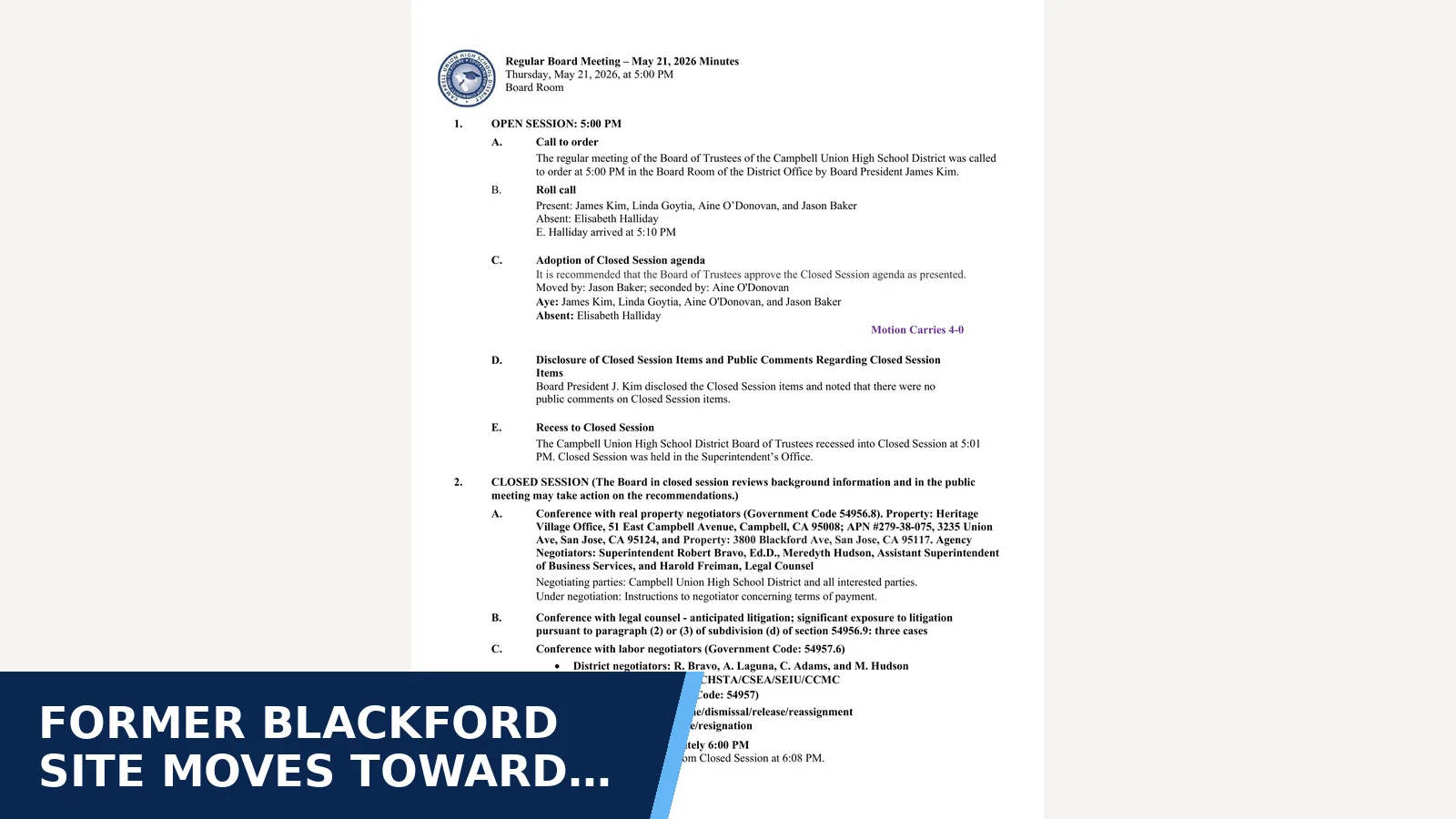 Excerpt from Regular Board Meeting* amended — Minutes for Former Blackford site moves toward redevelopment…