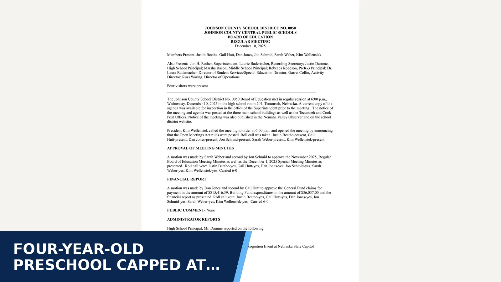 Excerpt from Board of Education regular meeting minutes - December 2025 for Four-year-old preschool capped at 31 students
