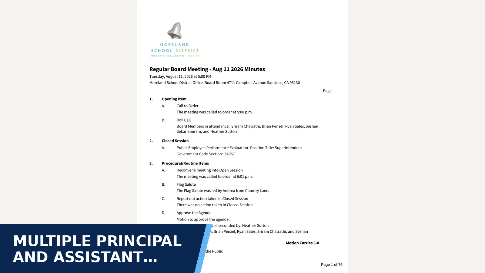 Excerpt from Regular Board Meeting - Aug 11 2026 full minutes package for Multiple Principal and Assistant Principal…