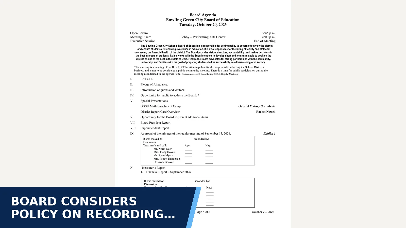 Excerpt from October 20, 2026 board meeting agenda for Board considers policy on recording and AI…