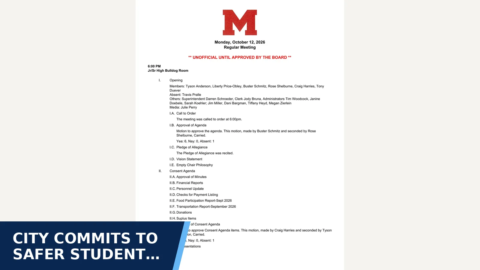Excerpt from 2026-10-12 — October 12, 2026 at 6:00 PM - Regular Meeting Meeting Type: Regular — Minutes for City commits to safer student crossing space near…