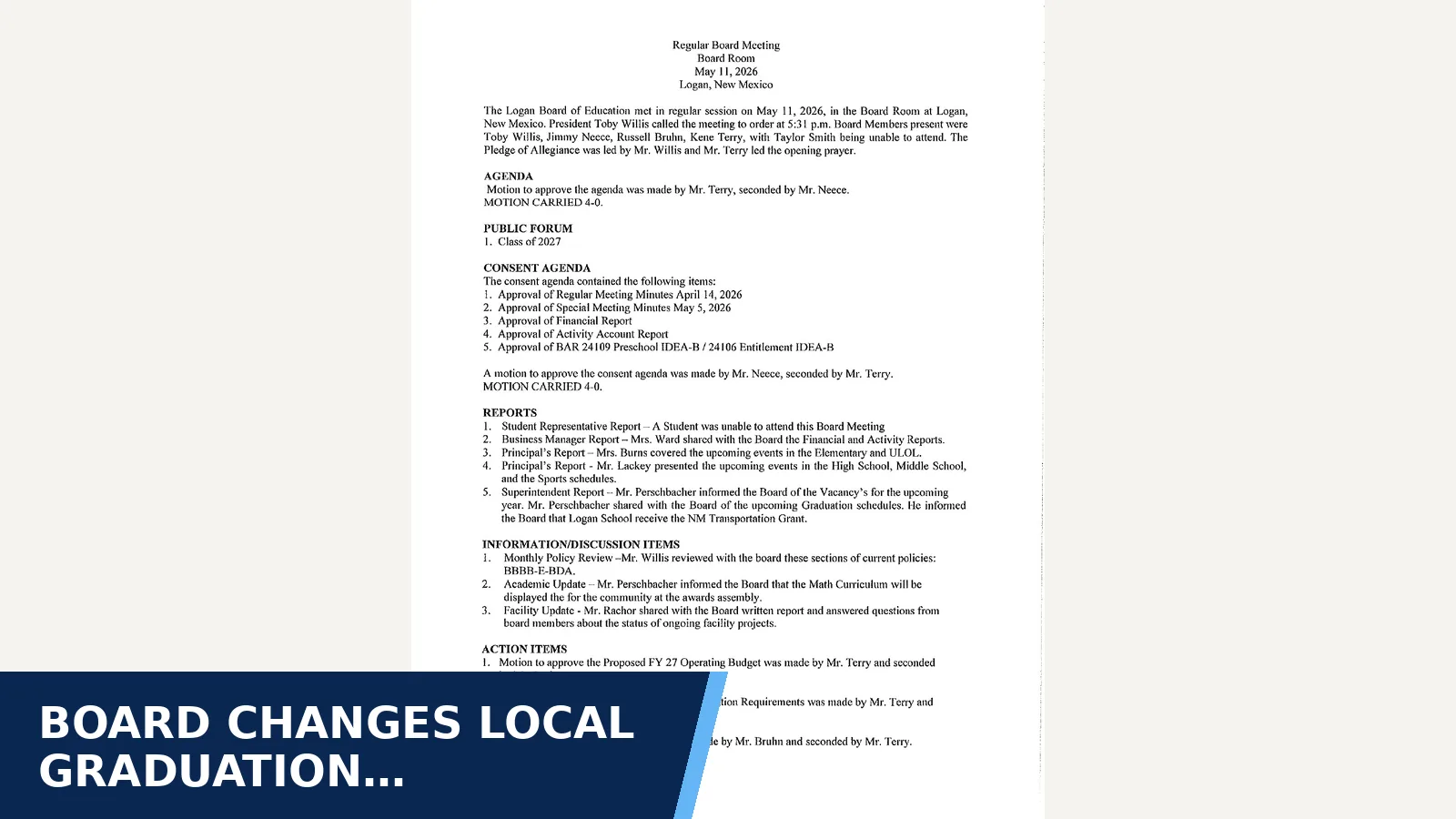Excerpt from Board of Education - Minutes from May 2026 Regular Meeting for Board changes local graduation requirements