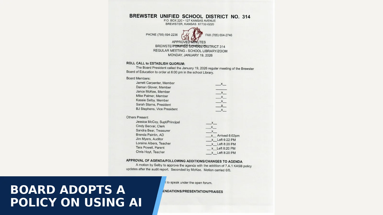 Excerpt from USD 314 Board of Education - January Regular Meeting Minutes (january_regular_meeting_minutes.pdf) for Board adopts a policy on using AI