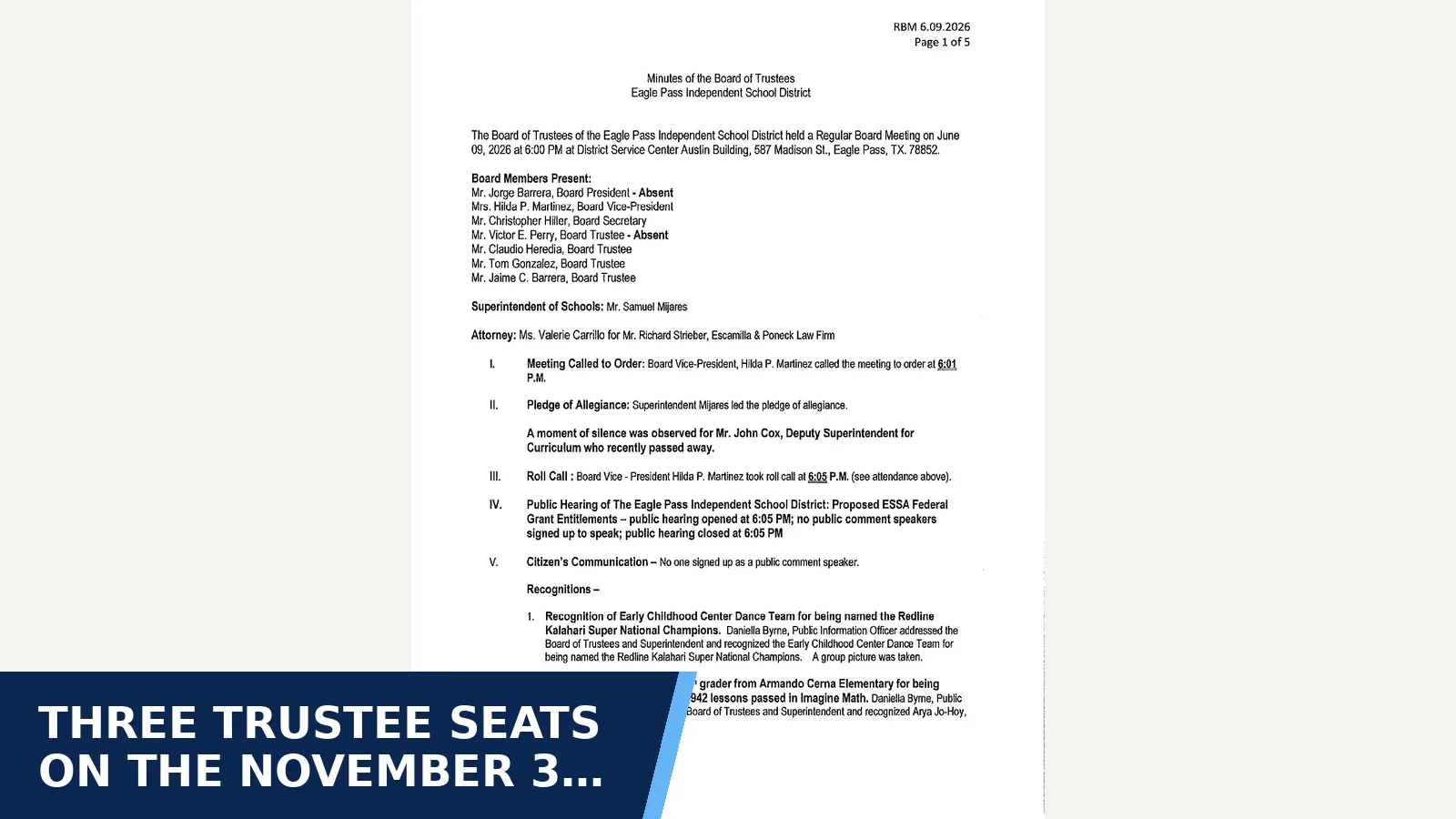 Excerpt from Eagle Pass ISD - June 9, 2026 - Regular Board Meeting for Three trustee seats on the November 3 ballot