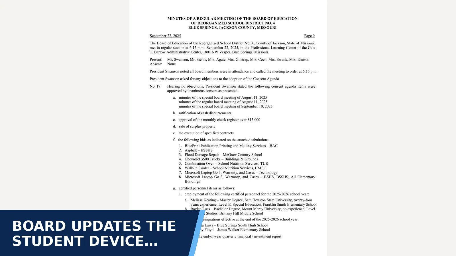 Excerpt from September 2025 Minutes for Board updates the student device policy