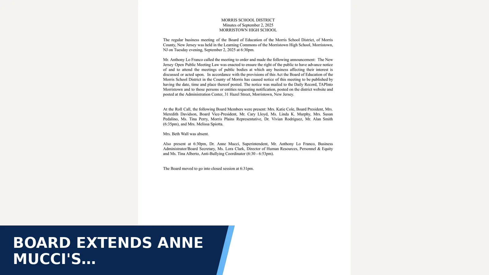 Excerpt from 9/2/25 Minutes for Board extends Anne Mucci's superintendent…