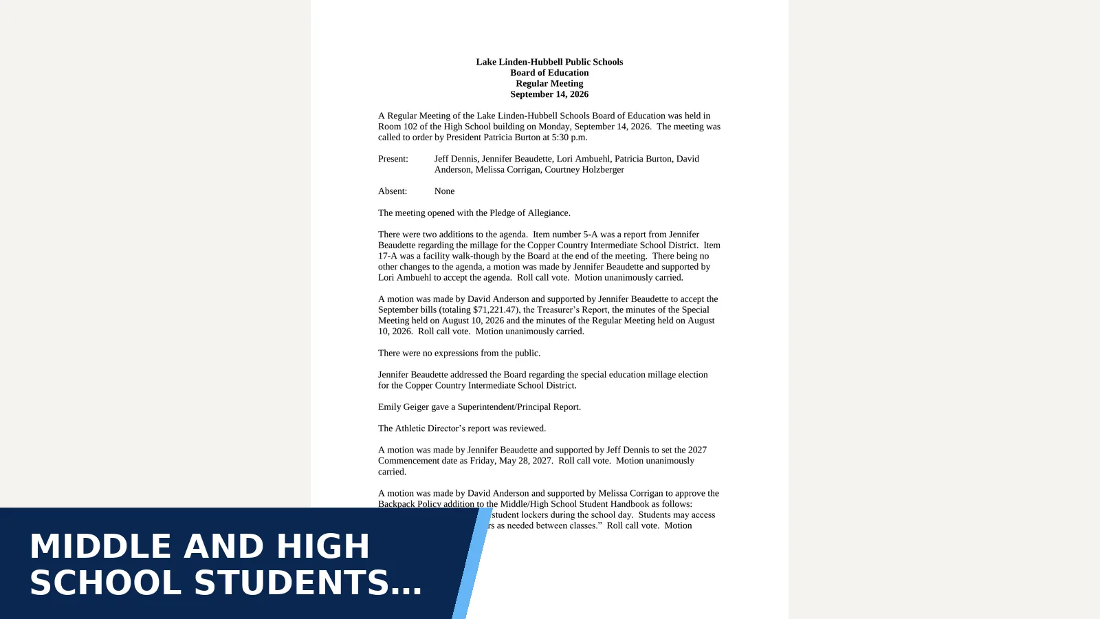 Excerpt from 2026-09-14 Lake Linden-Hubbell Board minutes for Middle and high school students must keep…