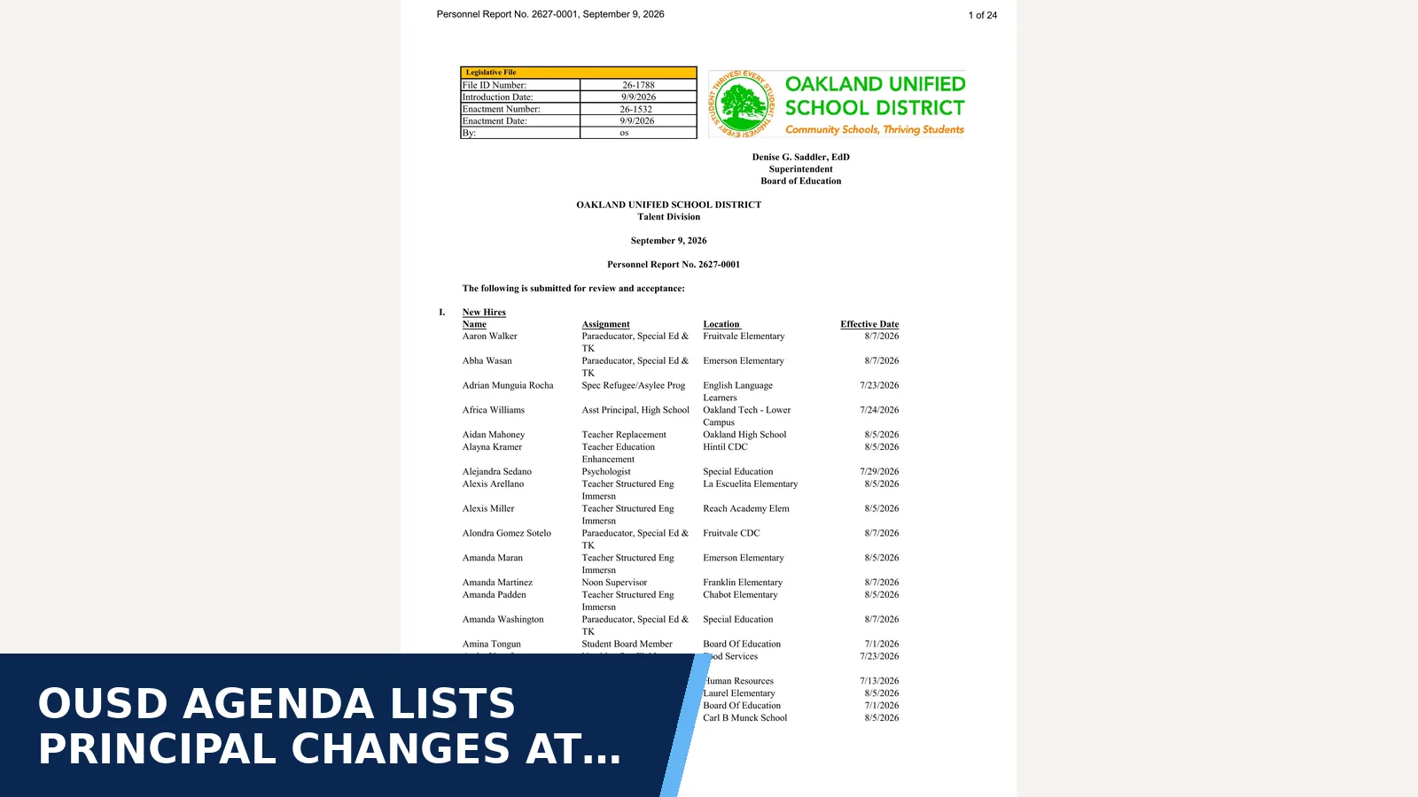 Excerpt from Board of Education - 9/9/2026 - 4:00 PM — linked agenda PDF 121047 for OUSD agenda lists principal changes at Madison…