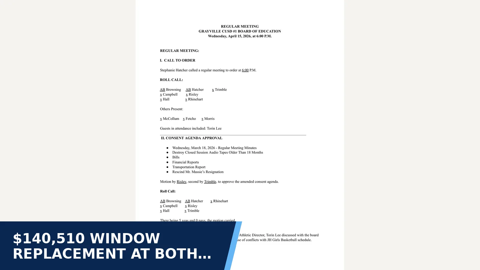 Excerpt from Board of Education minutes - APRIL 2026 for $140,510 window replacement at both school buildings