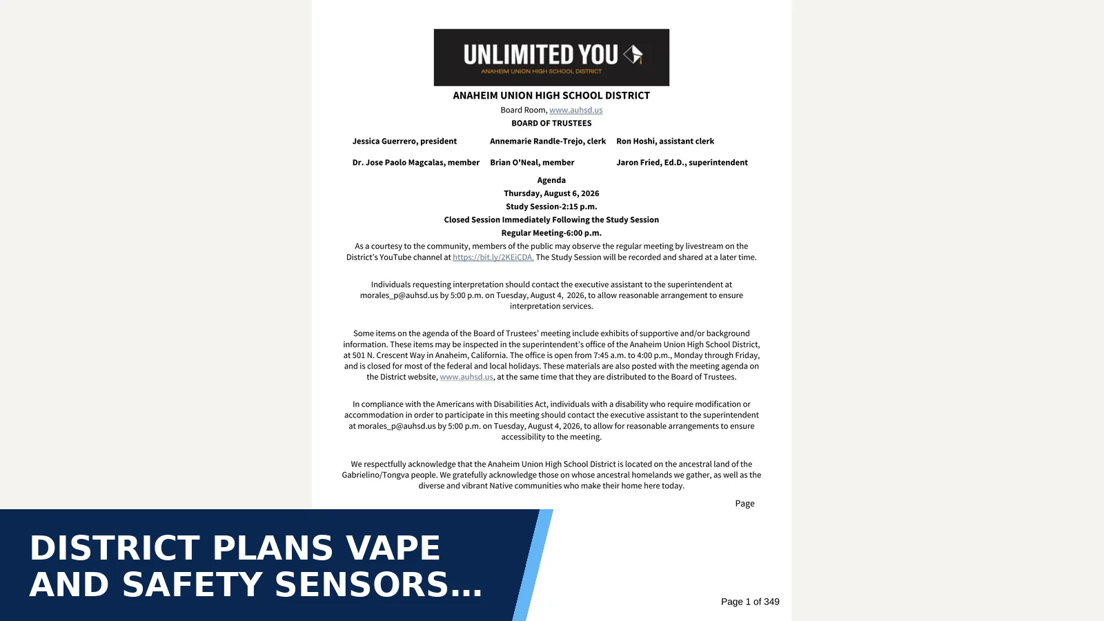 Excerpt from Regular Meeting - Aug 06 2026 - Agenda for District plans vape and safety sensors in…