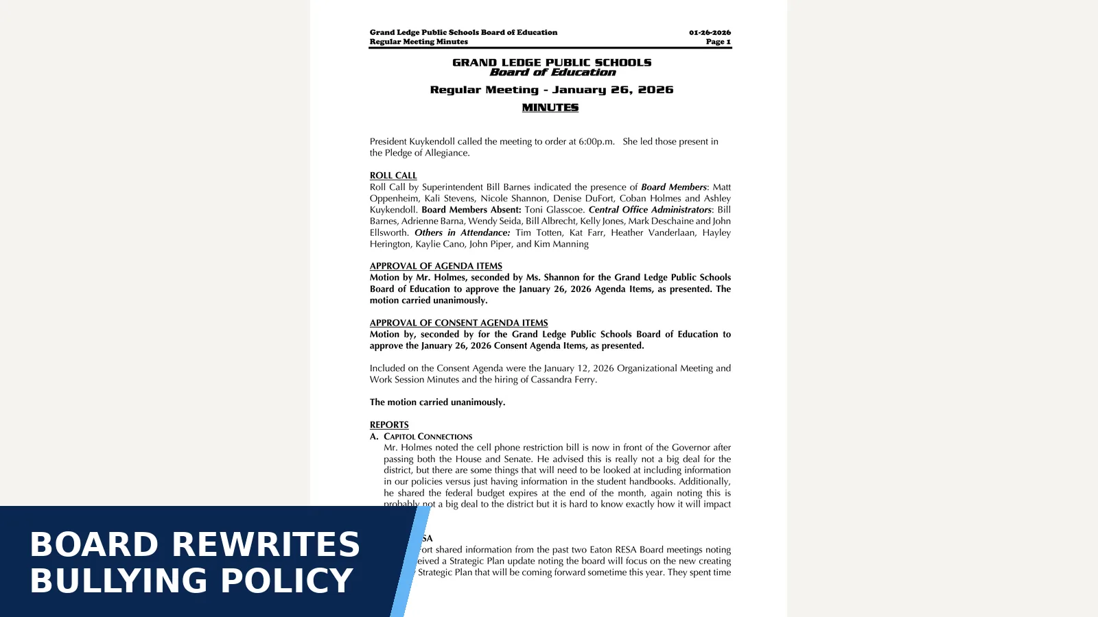Excerpt from January 26, 2026 Regular Meeting - Minutes for Board rewrites bullying policy