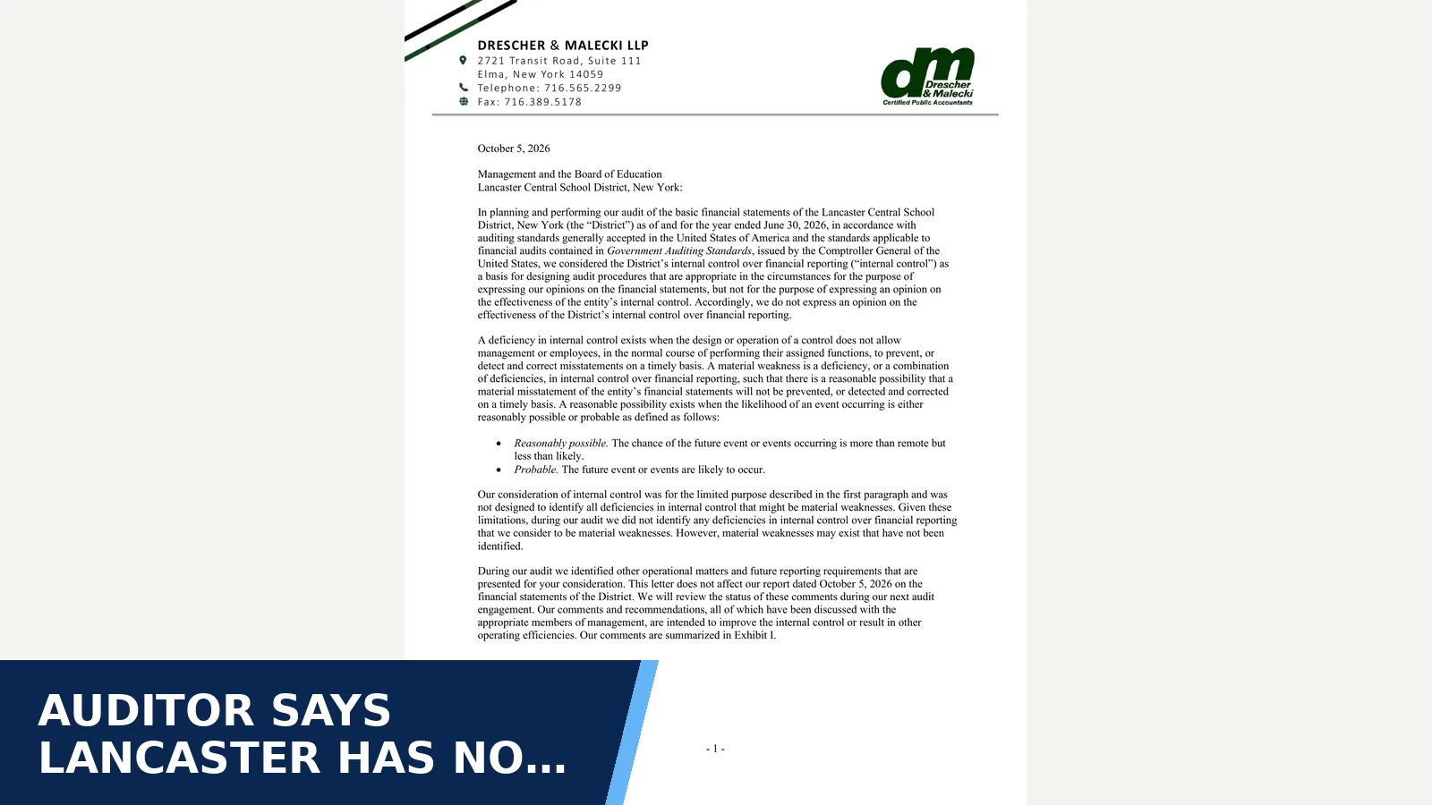 Excerpt from Management Letter 6/30/26 for Auditor says Lancaster has no formal AI-use policy