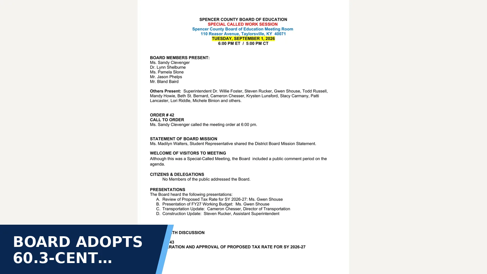Excerpt from Spencer County N. September 1, 2026 SPECIAL CALLED WORK SESSION MINUTES .docx for Board adopts 60.3-cent property-tax rate