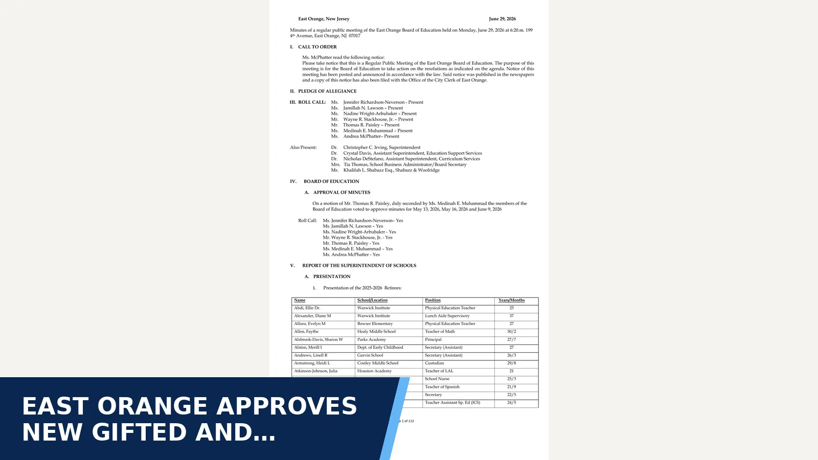 Excerpt from June 29, 2026 Meeting Minutes for East Orange approves new gifted and talented…