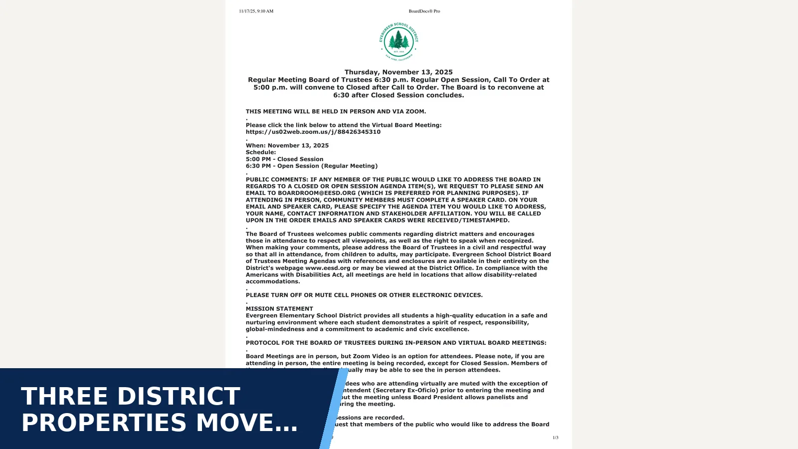 Excerpt from November 13, 2025 - Regular Board Meeting - Agenda for Three district properties move toward development…