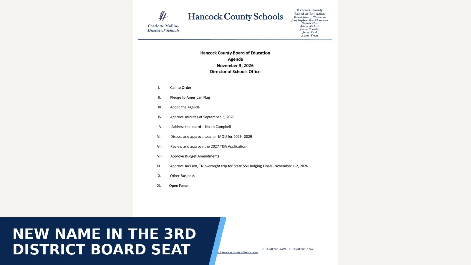 Excerpt from Hancock County Board of Education agenda: November 3, 2026 for New name in the 3rd District board seat