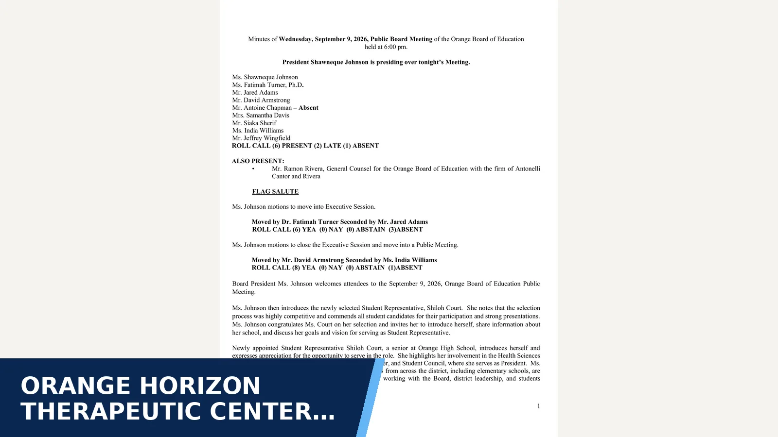 Excerpt from September 2026 (Board minutes) for Orange Horizon therapeutic center opens at…