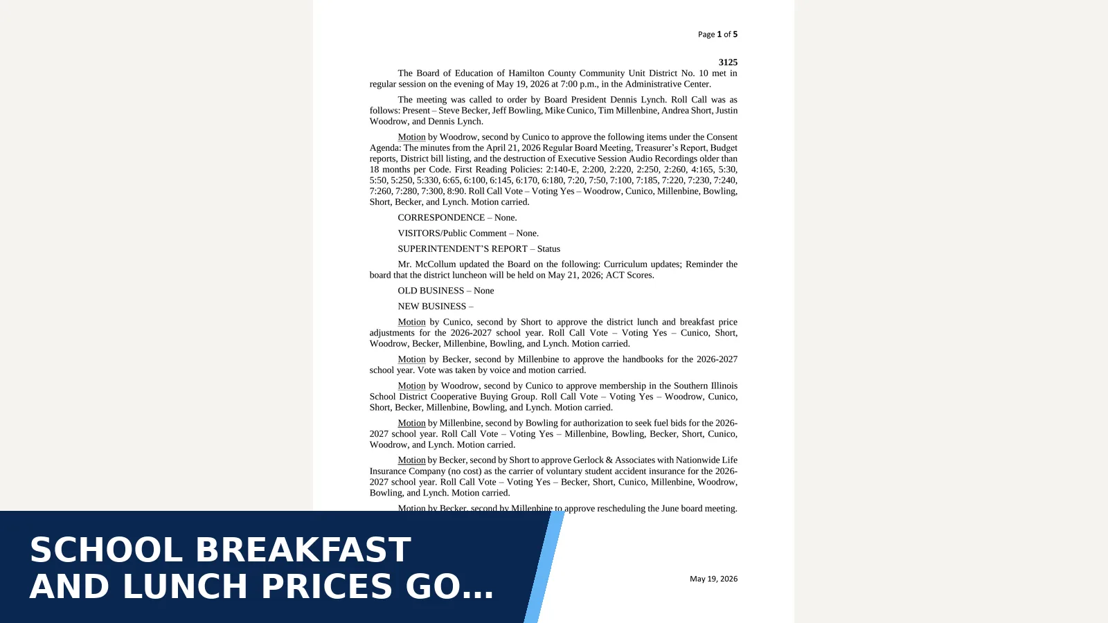 Excerpt from Hamilton County CUSD 10 board - 5.19.26 Minutes for School breakfast and lunch prices go up for 2026-27