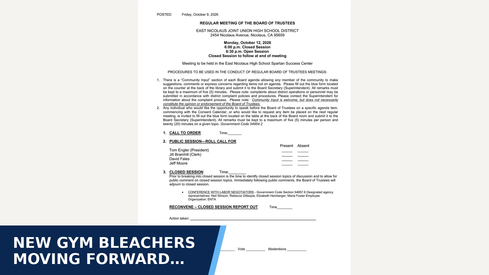 Excerpt from Board of Trustees - 20261012Agenda with Warrants and Expenditures for New gym bleachers moving forward with a 00,000 grant